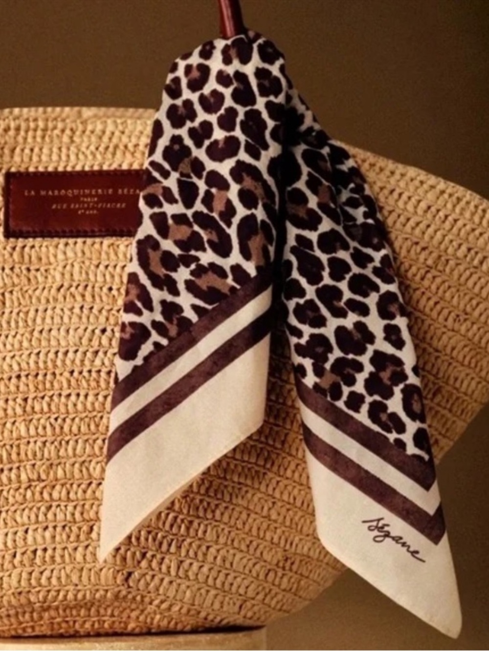 Sezane Leopard Print Silk Scarf in Brown and Cream